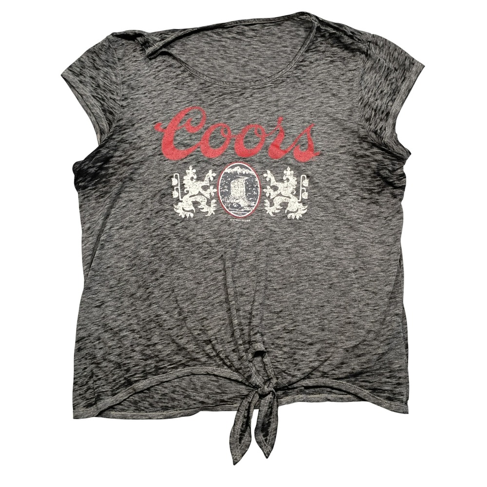 Coors Banquet T-Shirt Womens XL Front Tie Burnout Gray Graphic Short Sleeve
